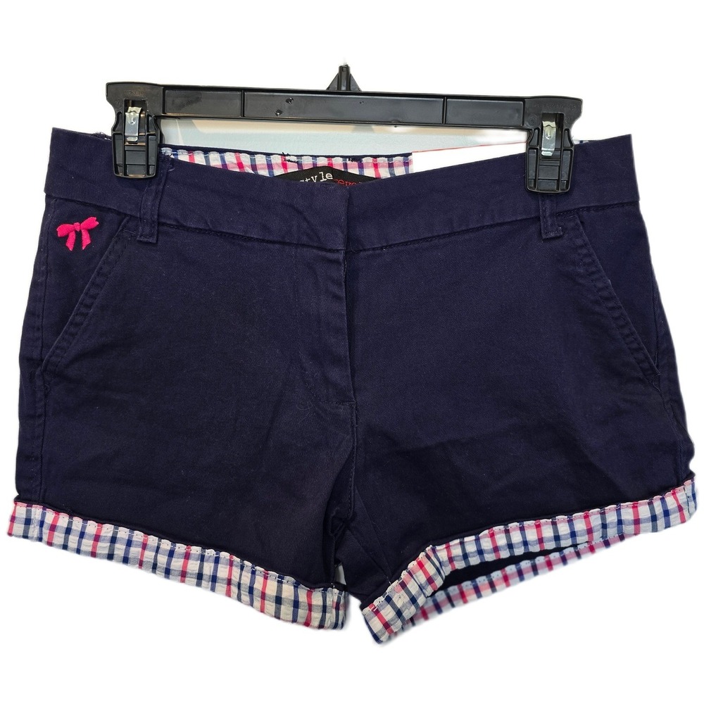 Freestyle Revolution Navy Blue Plaid Trim Shorts Womens Size 7 Embroidered Bow